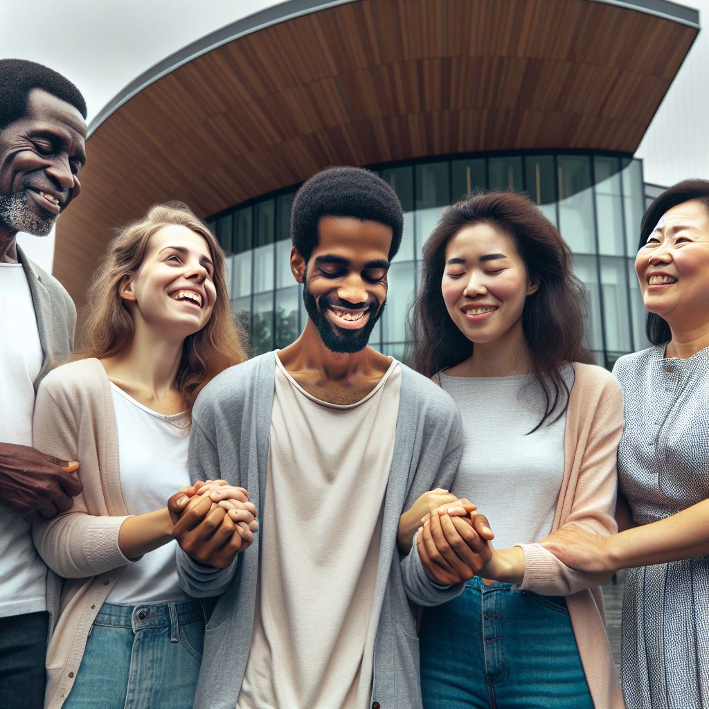 5 mensen die gezamelijk het bekeringsgebed opzeggen